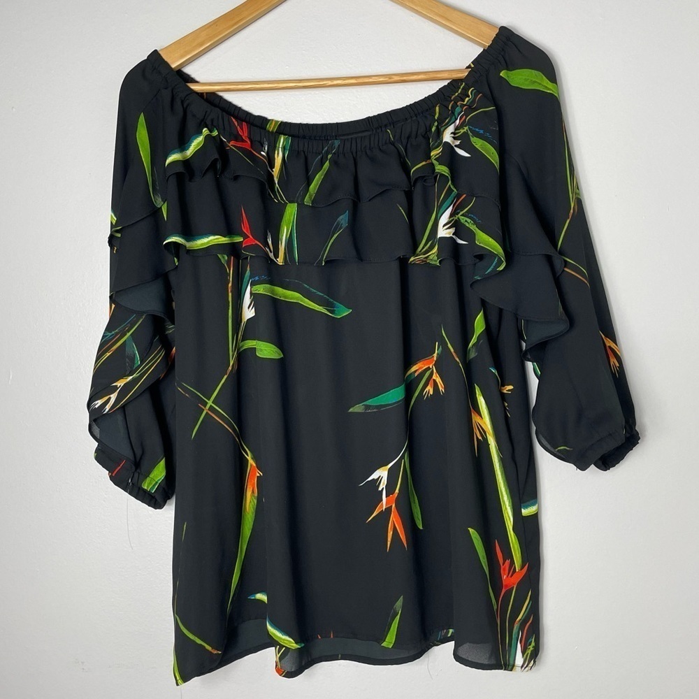 Worthington Petite PL Black Tropical Floral off the Shoulder Ruffled Blouse Top